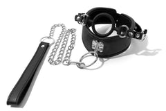 Padded Leather Neck Posture Collar with Attached Silicone Mouth Gag & Leash