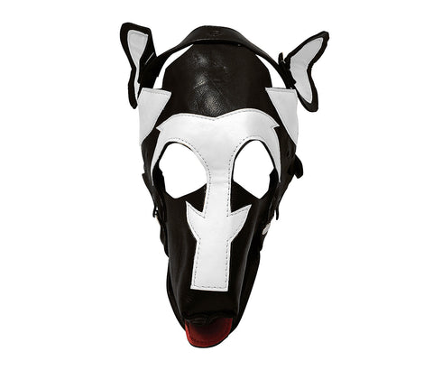 Black & White Leather Puppy Play Dog Mask with Removable Muzzle