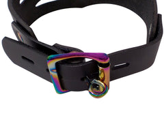 Adjustable Handmade Leather Choker Collar with Rainbow O-Ring and Locking Buckle