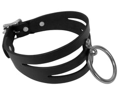 Adjustable Handmade Leather Choker Collar with Silver O-Ring and Locking Buckle