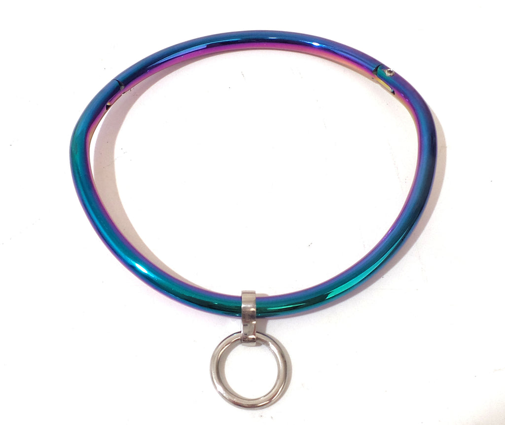 8 mm Locking Collar Rainbow Stainless Curved Bondage Neck Choker Collar w/ Ring Pride Jewelry - Multiple Sizes Available