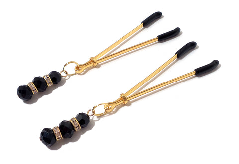 Adjustable Black Crystal Beaded Gold or Silver Nipple Clamps