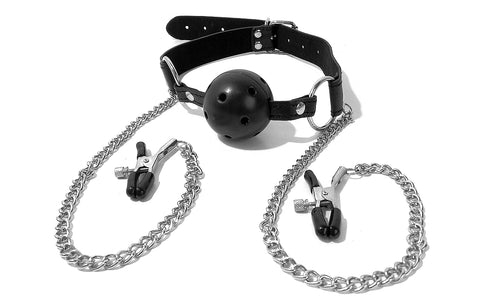 Lockable Breathable Mouth Ball Gag with Nipple Clamps