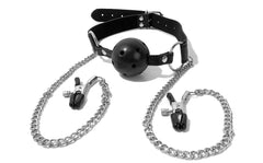 Lockable Breathable Mouth Ball Gag with Nipple Clamps